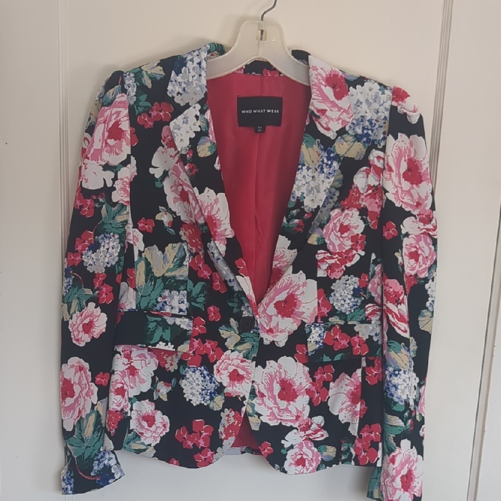 Who What Wear Floral Blazer Jacket - Black, Pink & Green